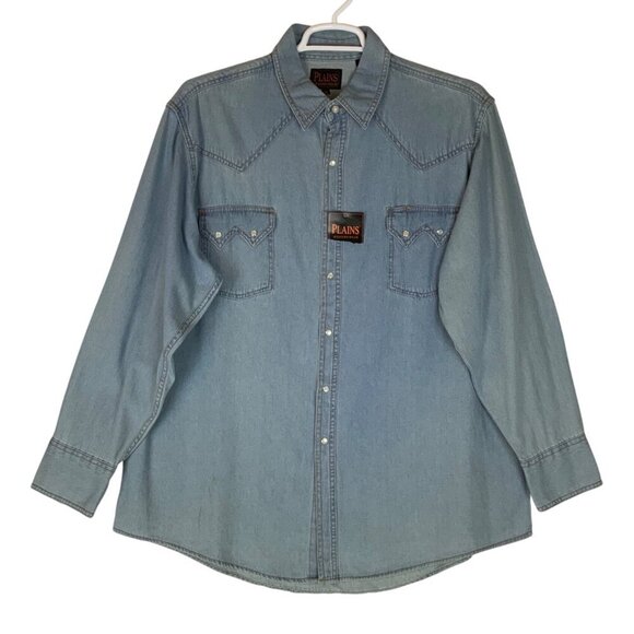 Plains Western Wear Long-Sleeve Denim Shirt XL Sawtooth Pockets Snap Closure - Picture 1 of 8